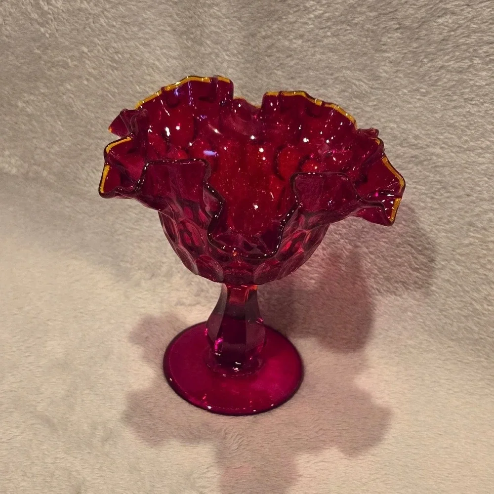 Vintage Fenton Ruby Red Thumbprint Glass‎ Pedestal Compote Cadmium Glow on Rim